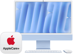 Logo de AppleCare+ junto a una iMac mirando hacia el frente y un Magic Keyboard y un Magic Mouse a juego